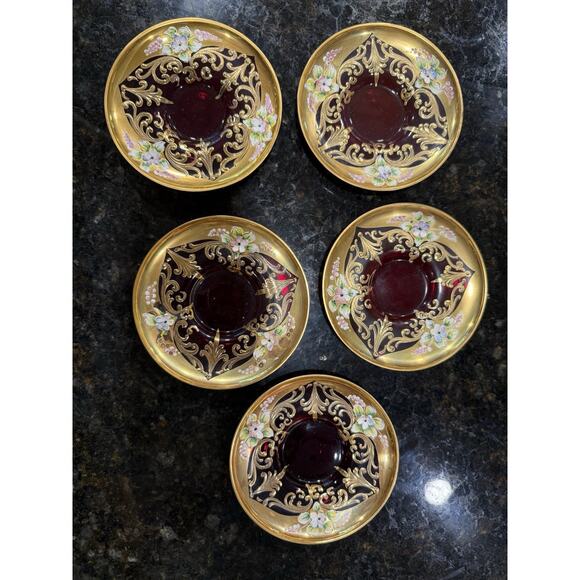 Ruby Red Trinket Dishes 5 with Gilded Gold Scrolls and Enameled Flowers 4" - Picture 1 of 6